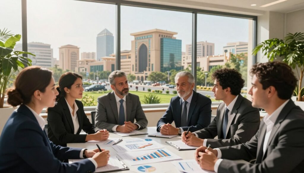 A professional business environment showcasing the dynamic role of Tamwilcom in driving economic development in Morocco. In the foreground, a diverse group of business professionals in business attire engage in a strategic discussion, with charts and graphs on a table that highlight financial growth. In the middle ground, a clear glass window reveals a panoramic view of modern Moroccan architecture and bustling city life, symbolizing progress and innovation. The background features vibrant greenery, symbolizing sustainability and growth. The lighting is warm and inviting, creating a sense of optimism and collaboration. The perspective is slightly elevated, capturing the activity and energy of the scene, while maintaining a professional and inspiring atmosphere. A professional business environment showcasing the dynamic role of Tamwilcom in driving economic development in Morocco. In the foreground, a diverse group of business professionals in business attire engage in a strategic discussion, with charts and graphs on a table that highlight financial growth. In the middle ground, a clear glass window reveals a panoramic view of modern Moroccan architecture and bustling city life, symbolizing progress and innovation. The background features vibrant greenery, symbolizing sustainability and growth. The lighting is warm and inviting, creating a sense of optimism and collaboration. The perspective is slightly elevated, capturing the activity and energy of the scene, while maintaining a professional and inspiring atmosphere.