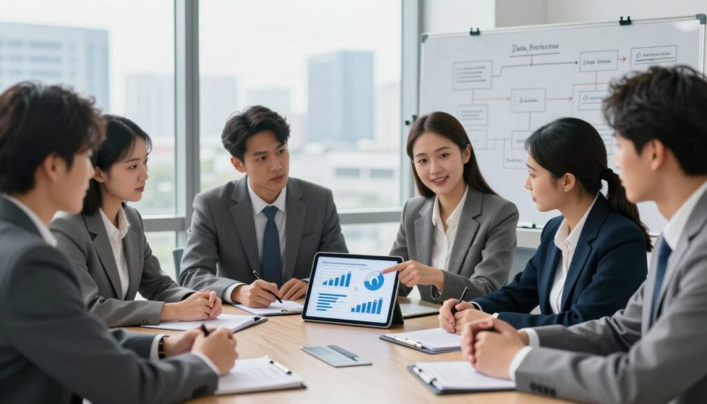 A professional business meeting in a modern office setting, focusing on a diverse group of individuals in smart business attire, discussing data protection strategies. In the foreground, a confident female executive points at a digital tablet displaying security graphs and documents, showcasing data protection strategies. The middle background features a large window with a view of a cityscape, symbolizing growth and opportunity. The lighting is bright and natural, creating a sense of optimism and innovation. In the background, a whiteboard is filled with flowcharts and notes on data protection methods and compliance. The atmosphere is dynamic and collaborative, emphasizing the importance of integrating data protection into business strategy. A professional business meeting in a modern office setting, focusing on a diverse group of individuals in smart business attire, discussing data protection strategies. In the foreground, a confident female executive points at a digital tablet displaying security graphs and documents, showcasing data protection strategies. The middle background features a large window with a view of a cityscape, symbolizing growth and opportunity. The lighting is bright and natural, creating a sense of optimism and innovation. In the background, a whiteboard is filled with flowcharts and notes on data protection methods and compliance. The atmosphere is dynamic and collaborative, emphasizing the importance of integrating data protection into business strategy.