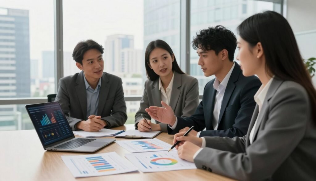 A professional business meeting in a modern office setting, showcasing a diverse group of three individuals, a man and two women, discussing a business plan. The foreground features colorful graphs and charts spread out on the table, with a laptop displaying a financial dashboard. In the middle ground, the people are actively engaged in conversation, dressed in smart business attire, exuding confidence and focus. The background shows large windows with a view of a bustling cityscape, bathed in warm, natural light that creates an inviting atmosphere. The overall mood is one of collaboration and strategic planning, emphasizing the theme of successful financing strategies in a corporate environment. A professional business meeting in a modern office setting, showcasing a diverse group of three individuals, a man and two women, discussing a business plan. The foreground features colorful graphs and charts spread out on the table, with a laptop displaying a financial dashboard. In the middle ground, the people are actively engaged in conversation, dressed in smart business attire, exuding confidence and focus. The background shows large windows with a view of a bustling cityscape, bathed in warm, natural light that creates an inviting atmosphere. The overall mood is one of collaboration and strategic planning, emphasizing the theme of successful financing strategies in a corporate environment.