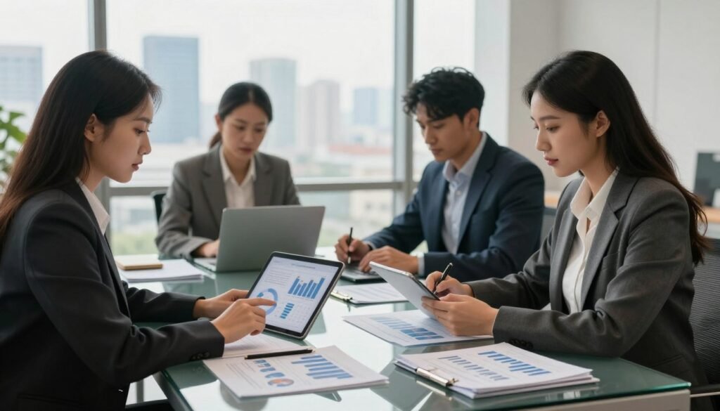 A professional business meeting scene in a modern office setting, showcasing a diverse group of four businesspeople. In the foreground, a confident woman in a tailored suit is analyzing financial charts on a tablet, while a man beside her, dressed in a smart blazer, is taking notes. In the middle, a large glass table is cluttered with financial reports, a laptop, and a financial strategy document. The background features a large window with a view of a city skyline, allowing natural light to flood the room. Soft, warm lighting creates a focused and inspiring atmosphere. The mood is serious yet collaborative, ideal for reflecting the importance of rigorous financial management in launching a successful business. A professional business meeting scene in a modern office setting, showcasing a diverse group of four businesspeople. In the foreground, a confident woman in a tailored suit is analyzing financial charts on a tablet, while a man beside her, dressed in a smart blazer, is taking notes. In the middle, a large glass table is cluttered with financial reports, a laptop, and a financial strategy document. The background features a large window with a view of a city skyline, allowing natural light to flood the room. Soft, warm lighting creates a focused and inspiring atmosphere. The mood is serious yet collaborative, ideal for reflecting the importance of rigorous financial management in launching a successful business.