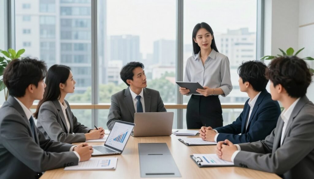 A professional business meeting scene set in a modern office environment. In the foreground, a diverse group of four well-dressed individuals, including a confident woman presenting a business proposal, with a digital tablet in her hand, engaging the attentive audience. In the middle ground, a sleek conference table with documents and a laptop opened, showcasing business graphs and investment plans. The background features large windows with a cityscape view, softened by natural daylight streaming in, creating an inviting atmosphere. The room has modern decor, with a hint of greenery from indoor plants. The overall mood is focused and collaborative, emphasizing themes of teamwork and investment success. A professional business meeting scene set in a modern office environment. In the foreground, a diverse group of four well-dressed individuals, including a confident woman presenting a business proposal, with a digital tablet in her hand, engaging the attentive audience. In the middle ground, a sleek conference table with documents and a laptop opened, showcasing business graphs and investment plans. The background features large windows with a cityscape view, softened by natural daylight streaming in, creating an inviting atmosphere. The room has modern decor, with a hint of greenery from indoor plants. The overall mood is focused and collaborative, emphasizing themes of teamwork and investment success.