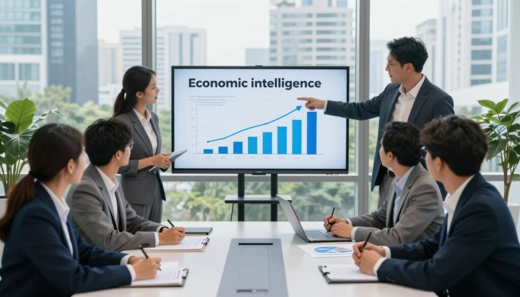 A professional business meeting scene showcasing "economic intelligence" and "investment development." In the foreground, a diverse group of business professionals in smart business attire are engaged in a discussion around a sleek modern conference table, analyzing charts and graphs. In the middle, a large digital screen displays upward-trending investment statistics, symbolizing growth. People are pointing to the screen and taking notes. The background features a panoramic window showing a bustling city, with tall buildings and greenery, suggesting economic vitality. Soft natural lighting filters through the window, creating a bright and optimistic atmosphere, while the overall mood reflects collaboration and strategic planning. The composition should be from a slightly elevated angle, emphasizing the action and focus on the group. A professional business meeting scene showcasing "economic intelligence" and "investment development." In the foreground, a diverse group of business professionals in smart business attire are engaged in a discussion around a sleek modern conference table, analyzing charts and graphs. In the middle, a large digital screen displays upward-trending investment statistics, symbolizing growth. People are pointing to the screen and taking notes. The background features a panoramic window showing a bustling city, with tall buildings and greenery, suggesting economic vitality. Soft natural lighting filters through the window, creating a bright and optimistic atmosphere, while the overall mood reflects collaboration and strategic planning. The composition should be from a slightly elevated angle, emphasizing the action and focus on the group.