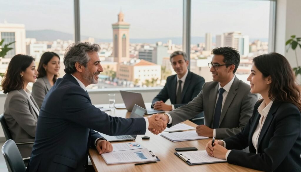 A professional business meeting set in a modern office overlooking a bustling city in Morocco, with a focus on a diverse group of individuals dressed in business attire engaged in a discussion. In the foreground, a confident Moroccan entrepreneur, a middle-aged man in a suit, is shaking hands with a woman in professional attire, symbolizing trust and partnership. The middle ground features a table with documents and a laptop, showcasing business contracts and charts. The background reveals large windows demonstrating a panoramic view of the vibrant cityscape of Casablanca, bathed in warm, natural light, creating a positive and collaborative atmosphere. The mood is focused and optimistic, highlighting the importance of securing commercial relationships. A professional business meeting set in a modern office overlooking a bustling city in Morocco, with a focus on a diverse group of individuals dressed in business attire engaged in a discussion. In the foreground, a confident Moroccan entrepreneur, a middle-aged man in a suit, is shaking hands with a woman in professional attire, symbolizing trust and partnership. The middle ground features a table with documents and a laptop, showcasing business contracts and charts. The background reveals large windows demonstrating a panoramic view of the vibrant cityscape of Casablanca, bathed in warm, natural light, creating a positive and collaborative atmosphere. The mood is focused and optimistic, highlighting the importance of securing commercial relationships.
