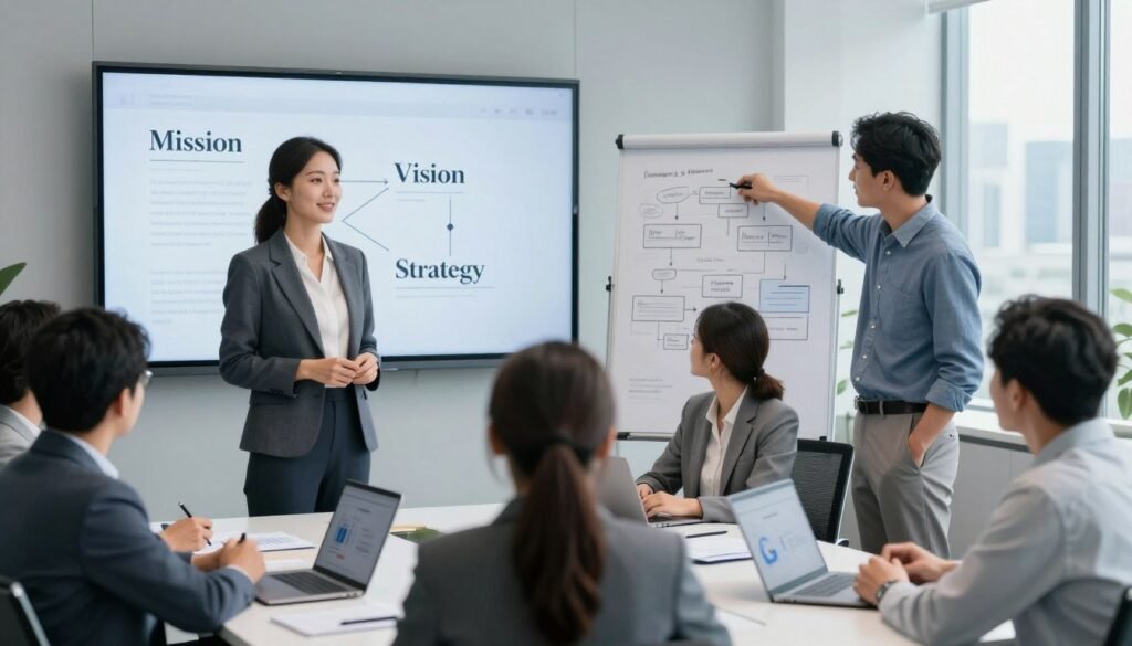 A professional business setting depicting a diverse group of individuals engaged in a strategic planning session. In the foreground, a confident female leader in formal attire stands by a large wall-mounted screen displaying the words "Mission," "Vision," and "Strategy" in elegant typography. To her right, a male colleague points at a flowchart, highlighting key objectives. In the middle, a round table surrounded by focused professionals, including a woman taking notes and a man analyzing data on a laptop. The background features large windows with city skyline views, casting soft, natural light into the room. The atmosphere is collaborative and inspiring, evoking a sense of determination and teamwork, with a color palette of soft blues and greys to promote focus and clarity. A professional business setting depicting a diverse group of individuals engaged in a strategic planning session. In the foreground, a confident female leader in formal attire stands by a large wall-mounted screen displaying the words "Mission," "Vision," and "Strategy" in elegant typography. To her right, a male colleague points at a flowchart, highlighting key objectives. In the middle, a round table surrounded by focused professionals, including a woman taking notes and a man analyzing data on a laptop. The background features large windows with city skyline views, casting soft, natural light into the room. The atmosphere is collaborative and inspiring, evoking a sense of determination and teamwork, with a color palette of soft blues and greys to promote focus and clarity.