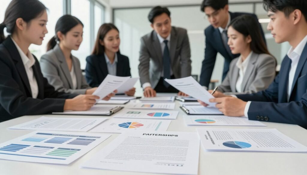 A professional business setting in a modern office environment, with a focus on a confident, diverse group of businessmen and businesswomen dressed in formal attire, examining documents and discussing legal options. In the foreground, a close-up view of a table littered with legal papers and pamphlets that highlight different business structures, such as LLCs, partnerships, and sole proprietorships. In the middle, the group is engaged in a lively discussion, using charts and visuals that symbolize the factors influencing the choice of legal status, like capital, risks, and benefits. In the background, a bright, spacious office with large windows letting natural light in, adding a sense of optimism and clarity. The mood is professional and collaborative, showcasing the importance of informed decision-making in business. A professional business setting in a modern office environment, with a focus on a confident, diverse group of businessmen and businesswomen dressed in formal attire, examining documents and discussing legal options. In the foreground, a close-up view of a table littered with legal papers and pamphlets that highlight different business structures, such as LLCs, partnerships, and sole proprietorships. In the middle, the group is engaged in a lively discussion, using charts and visuals that symbolize the factors influencing the choice of legal status, like capital, risks, and benefits. In the background, a bright, spacious office with large windows letting natural light in, adding a sense of optimism and clarity. The mood is professional and collaborative, showcasing the importance of informed decision-making in business.