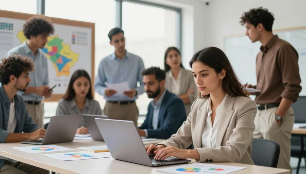 A professional business setting showcasing a diverse group of job seekers engaged in a dynamic career search in Morocco. In the foreground, a young woman wearing business attire is actively browsing a laptop, surrounded by colorful charts and graphs representing various sectors of employment. In the middle, a group of men and women, dressed in smart casual clothing, are discussing and brainstorming, with visible maps of regions in Morocco pinned on a bulletin board behind them. The background features a bright, modern office space with large windows allowing natural light to flood in, creating an optimistic and motivating atmosphere. Capture this scene with a shallow depth of field to emphasize the focused expressions of the job seekers, evoking a sense of determination and hopefulness in their job search. A professional business setting showcasing a diverse group of job seekers engaged in a dynamic career search in Morocco. In the foreground, a young woman wearing business attire is actively browsing a laptop, surrounded by colorful charts and graphs representing various sectors of employment. In the middle, a group of men and women, dressed in smart casual clothing, are discussing and brainstorming, with visible maps of regions in Morocco pinned on a bulletin board behind them. The background features a bright, modern office space with large windows allowing natural light to flood in, creating an optimistic and motivating atmosphere. Capture this scene with a shallow depth of field to emphasize the focused expressions of the job seekers, evoking a sense of determination and hopefulness in their job search.