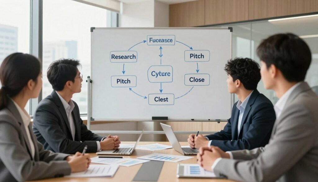 A professional business setting showcasing key steps in fundraising success. In the foreground, a diverse group of three individuals in professional attire, engaged in a brainstorming session around a modern conference table filled with charts and financial documents. The middle layer features a whiteboard displaying a clear flowchart illustrating critical fundraising steps, like "Research," "Pitch," and "Close," with arrows connecting each phase. In the background, large windows allow natural light to flood the room, highlighting a cityscape. The atmosphere is focused and collaborative, with warm lighting enhancing a sense of determination and ambition. The angle should capture both the group dynamics and the informative chart, creating a cohesive and inspiring visual narrative of the fundraising process. A professional business setting showcasing key steps in fundraising success. In the foreground, a diverse group of three individuals in professional attire, engaged in a brainstorming session around a modern conference table filled with charts and financial documents. The middle layer features a whiteboard displaying a clear flowchart illustrating critical fundraising steps, like "Research," "Pitch," and "Close," with arrows connecting each phase. In the background, large windows allow natural light to flood the room, highlighting a cityscape. The atmosphere is focused and collaborative, with warm lighting enhancing a sense of determination and ambition. The angle should capture both the group dynamics and the informative chart, creating a cohesive and inspiring visual narrative of the fundraising process.