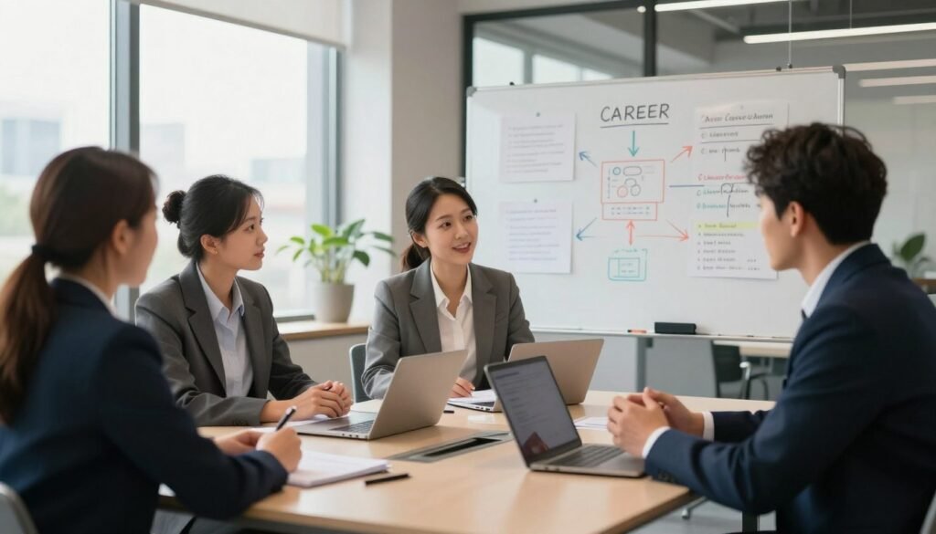 A professional career coaching session in a modern office setting. In the foreground, a diverse group of three individuals dressed in smart business attire are engaged in a dynamic discussion around a sleek conference table, with notes and laptops open in front of them. The middle ground features a large whiteboard filled with colorful diagrams and strategies for career growth. The background showcases a bright, airy office space with large windows allowing natural light to flood in, creating an inviting atmosphere. Soft, warm lighting enhances the focus on the participants, who are animated and focused, signaling collaboration and shared learning. The overall mood is uplifting and motivating, emphasizing a supportive environment for personal and professional development. A professional career coaching session in a modern office setting. In the foreground, a diverse group of three individuals dressed in smart business attire are engaged in a dynamic discussion around a sleek conference table, with notes and laptops open in front of them. The middle ground features a large whiteboard filled with colorful diagrams and strategies for career growth. The background showcases a bright, airy office space with large windows allowing natural light to flood in, creating an inviting atmosphere. Soft, warm lighting enhances the focus on the participants, who are animated and focused, signaling collaboration and shared learning. The overall mood is uplifting and motivating, emphasizing a supportive environment for personal and professional development.