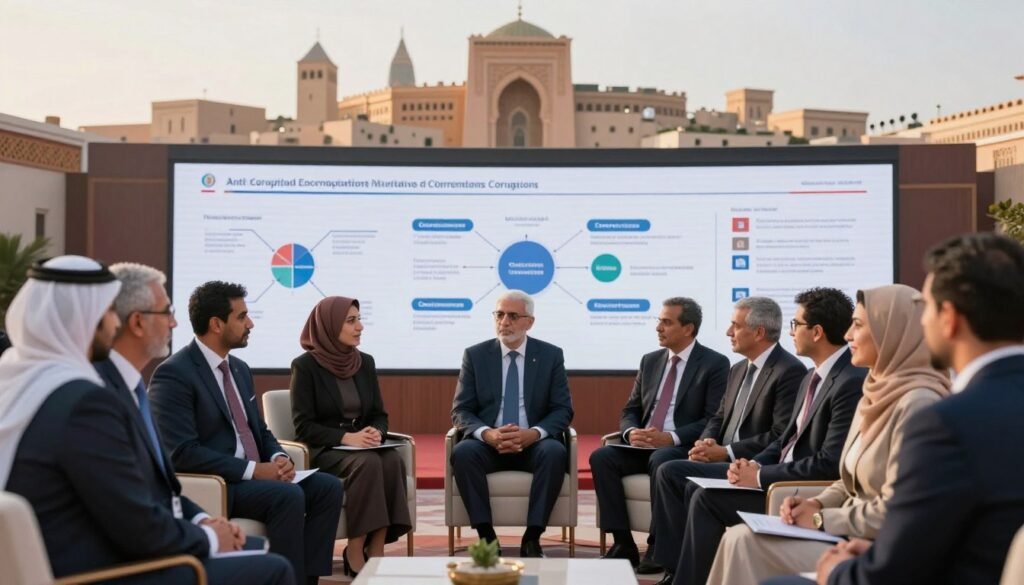 A professional conference setting in Morocco focused on anti-corruption initiatives. In the foreground, a diverse group of well-dressed individuals, including officials in business suits and women in modest professional attire, engage in animated discussions. The middle ground features a large display with visual representations of national programs and institutional frameworks aimed at combating corruption, such as flowcharts and infographics. The background showcases a stylized Moroccan city skyline, incorporating iconic architectural elements, under a warm, inviting sunlight that creates a hopeful ambiance. The composition should be shot from a low angle to emphasize the importance of the meetings, with a slight blur to the background to keep the focus on the participants' interactions. The mood of the image is one of collaboration, determination, and positivity. A professional conference setting in Morocco focused on anti-corruption initiatives. In the foreground, a diverse group of well-dressed individuals, including officials in business suits and women in modest professional attire, engage in animated discussions. The middle ground features a large display with visual representations of national programs and institutional frameworks aimed at combating corruption, such as flowcharts and infographics. The background showcases a stylized Moroccan city skyline, incorporating iconic architectural elements, under a warm, inviting sunlight that creates a hopeful ambiance. The composition should be shot from a low angle to emphasize the importance of the meetings, with a slight blur to the background to keep the focus on the participants' interactions. The mood of the image is one of collaboration, determination, and positivity.