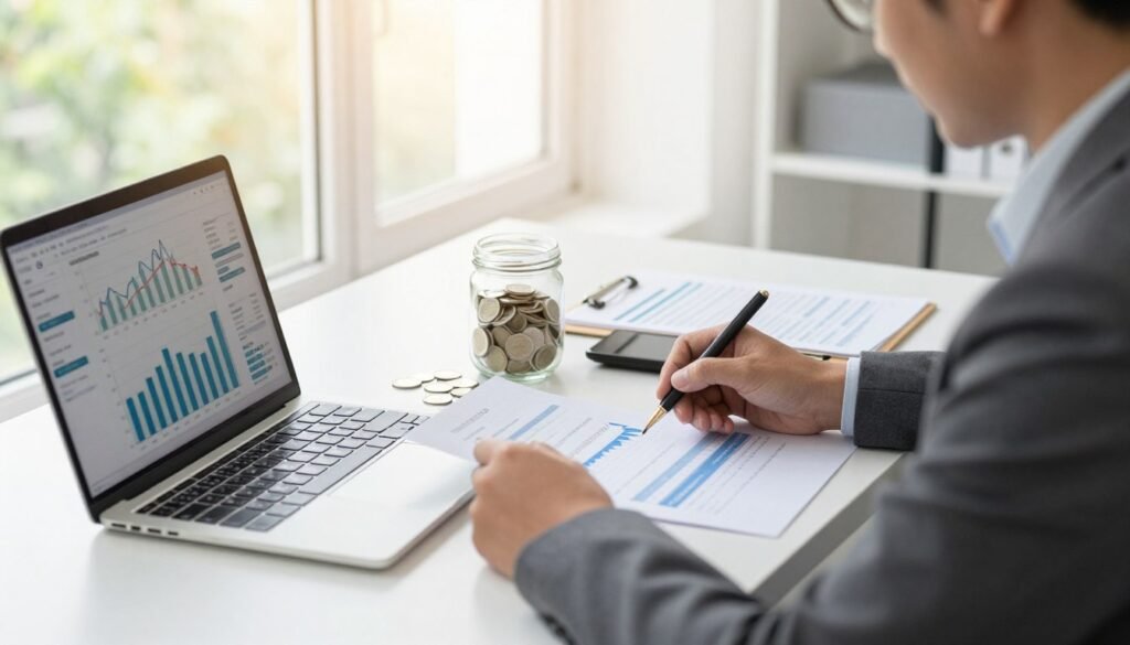 A professional financial advisor analyzing liquidity and security strategies for savings. In the foreground, a focused individual in business attire, seated at a modern desk with a laptop open, displaying financial graphs and charts. In the middle ground, various financial documents and a clear glass jar filled with coins, symbolizing savings. The background shows a bright, airy office environment featuring large windows allowing natural light to flood in, creating an optimistic atmosphere. Soft, warm lighting enhances the sense of trust and professionalism. The angle is a slightly elevated view, emphasizing the advisor’s concentration on optimizing investments while ensuring security and liquidity in financial placements. A professional financial advisor analyzing liquidity and security strategies for savings. In the foreground, a focused individual in business attire, seated at a modern desk with a laptop open, displaying financial graphs and charts. In the middle ground, various financial documents and a clear glass jar filled with coins, symbolizing savings. The background shows a bright, airy office environment featuring large windows allowing natural light to flood in, creating an optimistic atmosphere. Soft, warm lighting enhances the sense of trust and professionalism. The angle is a slightly elevated view, emphasizing the advisor’s concentration on optimizing investments while ensuring security and liquidity in financial placements.
