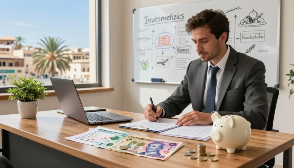 A professional financial advisor in modest business attire is seated at a sleek wooden desk filled with documents, a laptop, and a decorative plant, representing the theme of personal finance management in Morocco. In the foreground, display Moroccan currency notes and coins artfully arranged alongside a growth chart and a piggy bank symbolizing savings. The middle ground features a whiteboard with investment strategies sketched out, showcasing various sectors like tourism, real estate, and agriculture. In the background, a window reveals a bustling Moroccan cityscape, with traditional architecture and palm trees under a bright blue sky, promoting a sense of prosperity and opportunity. The scene is illuminated with warm, natural lighting, creating an inviting and optimistic atmosphere conducive to financial success. A professional financial advisor in modest business attire is seated at a sleek wooden desk filled with documents, a laptop, and a decorative plant, representing the theme of personal finance management in Morocco. In the foreground, display Moroccan currency notes and coins artfully arranged alongside a growth chart and a piggy bank symbolizing savings. The middle ground features a whiteboard with investment strategies sketched out, showcasing various sectors like tourism, real estate, and agriculture. In the background, a window reveals a bustling Moroccan cityscape, with traditional architecture and palm trees under a bright blue sky, promoting a sense of prosperity and opportunity. The scene is illuminated with warm, natural lighting, creating an inviting and optimistic atmosphere conducive to financial success.