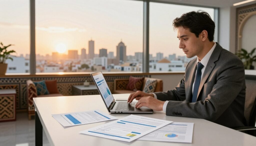 A professional financial advisor sitting at a sleek desk in a modern office, reviewing a financial plan on a laptop. In the foreground, a clear view of financial documents like loan applications and investment projections spread out on the desk. The middle ground features a stylish Moroccan decor, with patterns and colors that evoke a sense of the local culture. In the background, large windows showcase a skyline of a thriving Moroccan city, with the sun setting, casting warm golden light and creating a hopeful atmosphere. The mood is professional yet inviting, emphasizing clarity and opportunity in real estate investment. Use soft lighting to enhance the productive environment with a slightly blurred effect on the background for depth. A professional financial advisor sitting at a sleek desk in a modern office, reviewing a financial plan on a laptop. In the foreground, a clear view of financial documents like loan applications and investment projections spread out on the desk. The middle ground features a stylish Moroccan decor, with patterns and colors that evoke a sense of the local culture. In the background, large windows showcase a skyline of a thriving Moroccan city, with the sun setting, casting warm golden light and creating a hopeful atmosphere. The mood is professional yet inviting, emphasizing clarity and opportunity in real estate investment. Use soft lighting to enhance the productive environment with a slightly blurred effect on the background for depth.