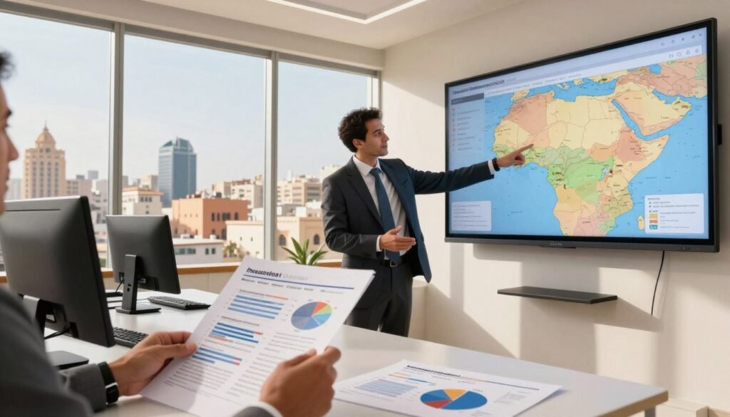 A professional investment adviser in a modern office setting in Morocco, examining a detailed financial report on one side, while pointing to a digital map of North African investment opportunities displayed on a large screen. In the foreground, include a sleek desk with charts and documents outlining diverse investment options, such as real estate, stocks, and renewable energy projects. The middle ground features the adviser, dressed in a sharp business suit, gesturing confidently. In the background, large windows reveal a view of a vibrant Moroccan city skyline under bright, inviting daylight, suggesting a prosperous atmosphere for investment. The color palette should be warm and optimistic, enhancing the mood of opportunity and growth. Use a wide-angle lens to capture the dynamic environment, with a clear focus on the key elements of the scene. A professional investment adviser in a modern office setting in Morocco, examining a detailed financial report on one side, while pointing to a digital map of North African investment opportunities displayed on a large screen. In the foreground, include a sleek desk with charts and documents outlining diverse investment options, such as real estate, stocks, and renewable energy projects. The middle ground features the adviser, dressed in a sharp business suit, gesturing confidently. In the background, large windows reveal a view of a vibrant Moroccan city skyline under bright, inviting daylight, suggesting a prosperous atmosphere for investment. The color palette should be warm and optimistic, enhancing the mood of opportunity and growth. Use a wide-angle lens to capture the dynamic environment, with a clear focus on the key elements of the scene.