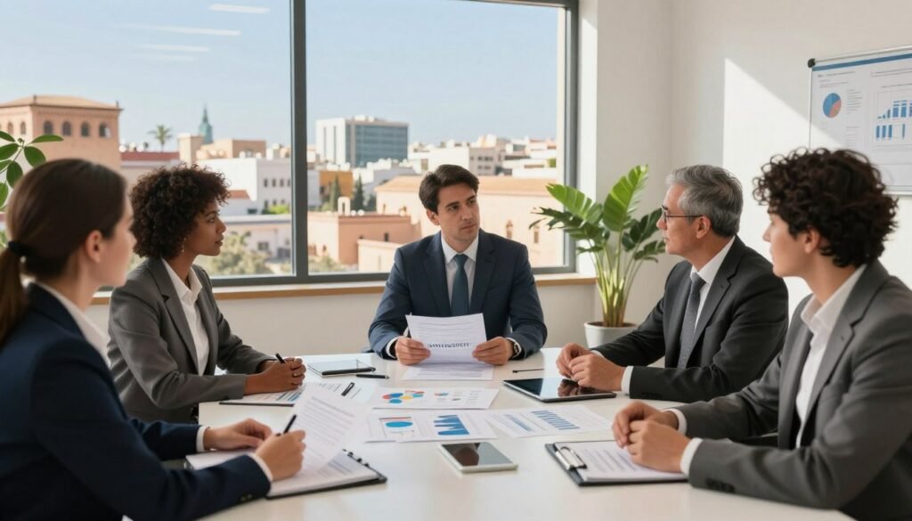 A professional investment advisor sitting at a modern desk in a well-lit office, surrounded by charts and graphs illustrating Morocco’s investment opportunities. In the foreground, a diverse group of business professionals, dressed in smart business attire, engaged in a focused discussion over investment strategies, with documents and tablets at hand. The background features large windows displaying a stunning view of a Moroccan cityscape, blending traditional architecture with contemporary buildings under a clear blue sky. Warm, natural lighting enhances the confident atmosphere, while potted plants add a touch of greenery, emphasizing prosperity and growth. This image captures the essence of expert investment advice, embodying professionalism and opportunity in the Moroccan market. A professional investment advisor sitting at a modern desk in a well-lit office, surrounded by charts and graphs illustrating Morocco’s investment opportunities. In the foreground, a diverse group of business professionals, dressed in smart business attire, engaged in a focused discussion over investment strategies, with documents and tablets at hand. The background features large windows displaying a stunning view of a Moroccan cityscape, blending traditional architecture with contemporary buildings under a clear blue sky. Warm, natural lighting enhances the confident atmosphere, while potted plants add a touch of greenery, emphasizing prosperity and growth. This image captures the essence of expert investment advice, embodying professionalism and opportunity in the Moroccan market.