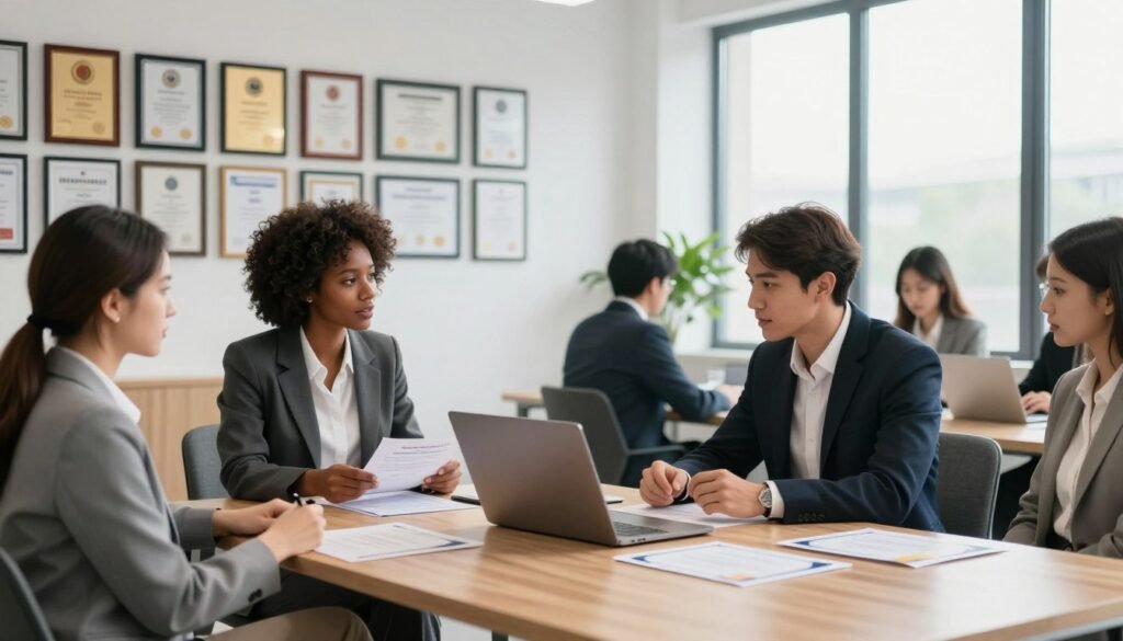 A professional-looking workspace showcasing the essence of continuous education and certifications. In the foreground, a diverse group of individuals in business attire, including a woman of African descent and a man of Caucasian descent, engaged in discussion over a laptop and certification diplomas spread out on a modern wooden desk. In the middle ground, a wall displaying various framed certificates and awards, symbolizing achievements and continuous learning. The background features a large window letting in soft, natural light, illuminating the space and creating an inviting, motivational atmosphere. The overall mood is one of empowerment and dedication to professional growth, with a clean, organized, and modern aesthetic. A professional-looking workspace showcasing the essence of continuous education and certifications. In the foreground, a diverse group of individuals in business attire, including a woman of African descent and a man of Caucasian descent, engaged in discussion over a laptop and certification diplomas spread out on a modern wooden desk. In the middle ground, a wall displaying various framed certificates and awards, symbolizing achievements and continuous learning. The background features a large window letting in soft, natural light, illuminating the space and creating an inviting, motivational atmosphere. The overall mood is one of empowerment and dedication to professional growth, with a clean, organized, and modern aesthetic.