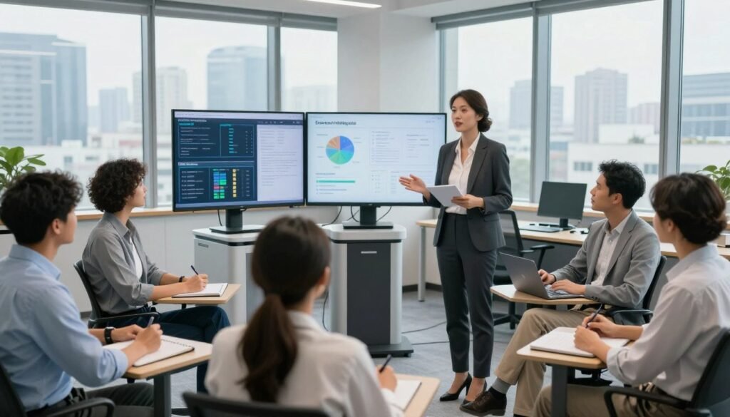 A professional, modern office environment where a diverse group of individuals is engaged in a collaborative session. In the foreground, a woman in business attire is actively leading a workshop, demonstrating emotional intelligence and interpersonal skills. Surrounding her are participants of varied backgrounds, focused and engaged, taking notes and sharing ideas. In the middle ground, a high-tech automation setup can be seen, with screens displaying data analyses and insights. The background features large windows with a view of a city skyline, symbolizing a progressive work culture. Soft natural lighting fills the space, creating a positive and inspiring atmosphere. The composition captures the essence of developing behavioral skills in an automated world. A professional, modern office environment where a diverse group of individuals is engaged in a collaborative session. In the foreground, a woman in business attire is actively leading a workshop, demonstrating emotional intelligence and interpersonal skills. Surrounding her are participants of varied backgrounds, focused and engaged, taking notes and sharing ideas. In the middle ground, a high-tech automation setup can be seen, with screens displaying data analyses and insights. The background features large windows with a view of a city skyline, symbolizing a progressive work culture. Soft natural lighting fills the space, creating a positive and inspiring atmosphere. The composition captures the essence of developing behavioral skills in an automated world.