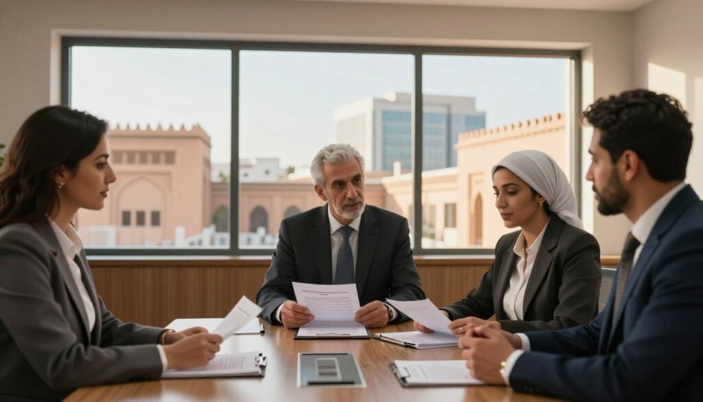 A professional office environment in Morocco, with a focus on compliance elements. In the foreground, a diverse group of three business professionals of Moroccan descent, dressed in formal attire, engaging in a productive discussion over legal documents and compliance guidelines on a conference table. In the middle background, a large boardroom window reveals a view of traditional Moroccan architecture blended with modern business buildings, bathed in warm afternoon sunlight. A subtle light casts soft shadows, enhancing the sense of seriousness and professionalism. The atmosphere conveys determination, collaboration, and focus on achieving compliance standards. The setting is free of any distractions such as text or branding, emphasizing the key aspects of conformity and professionalism in a Moroccan context. A professional office environment in Morocco, with a focus on compliance elements. In the foreground, a diverse group of three business professionals of Moroccan descent, dressed in formal attire, engaging in a productive discussion over legal documents and compliance guidelines on a conference table. In the middle background, a large boardroom window reveals a view of traditional Moroccan architecture blended with modern business buildings, bathed in warm afternoon sunlight. A subtle light casts soft shadows, enhancing the sense of seriousness and professionalism. The atmosphere conveys determination, collaboration, and focus on achieving compliance standards. The setting is free of any distractions such as text or branding, emphasizing the key aspects of conformity and professionalism in a Moroccan context.