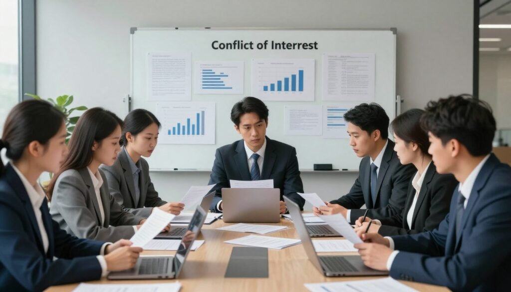 A professional office environment reflecting the themes of conflict of interest and internal control. In the foreground, a diverse group of business professionals in formal attire engaged in a serious discussion, analyzing documents and reports. A large conference table cluttered with papers and laptops, symbolizing intense scrutiny and oversight. In the middle background, a large whiteboard filled with charts and notes highlighting corporate governance concepts. Soft, natural lighting from large windows, casting subtle shadows to enhance the depth of the scene. The atmosphere is tense yet focused, illustrating the critical nature of contemporary challenges in corporate governance. The overall composition should emphasize collaboration and diligence in addressing conflicts of interest. A professional office environment reflecting the themes of conflict of interest and internal control. In the foreground, a diverse group of business professionals in formal attire engaged in a serious discussion, analyzing documents and reports. A large conference table cluttered with papers and laptops, symbolizing intense scrutiny and oversight. In the middle background, a large whiteboard filled with charts and notes highlighting corporate governance concepts. Soft, natural lighting from large windows, casting subtle shadows to enhance the depth of the scene. The atmosphere is tense yet focused, illustrating the critical nature of contemporary challenges in corporate governance. The overall composition should emphasize collaboration and diligence in addressing conflicts of interest.