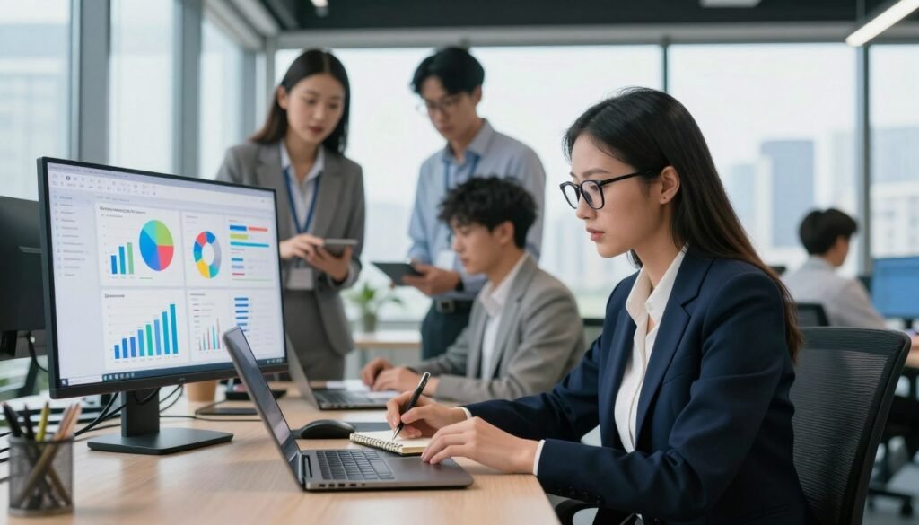 A professional office environment showcasing a diverse team of business analysts engaged in a digital presence audit. In the foreground, a female analyst with dark hair and glasses, dressed in a smart business suit, studies data on a laptop, jotting down insights in a notebook. In the middle ground, two colleagues, one male and one female, discuss over a large monitor displaying colorful graphs and digital analytics reports, highlighting social media engagement and website metrics. The background features large windows allowing natural light to flood the space, with a city skyline visible outside, symbolizing connectivity and growth. The atmosphere is focused yet collaborative, emphasizing professionalism and modernity. The image captures the essence of analyzing and enhancing digital visibility. A professional office environment showcasing a diverse team of business analysts engaged in a digital presence audit. In the foreground, a female analyst with dark hair and glasses, dressed in a smart business suit, studies data on a laptop, jotting down insights in a notebook. In the middle ground, two colleagues, one male and one female, discuss over a large monitor displaying colorful graphs and digital analytics reports, highlighting social media engagement and website metrics. The background features large windows allowing natural light to flood the space, with a city skyline visible outside, symbolizing connectivity and growth. The atmosphere is focused yet collaborative, emphasizing professionalism and modernity. The image captures the essence of analyzing and enhancing digital visibility.