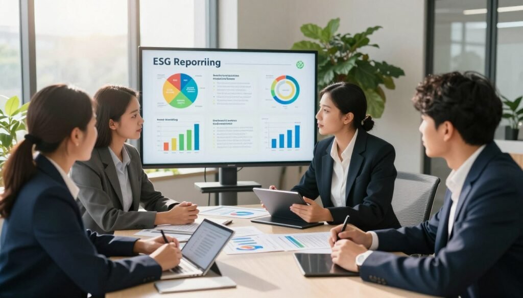 A professional office environment showcasing a strategic meeting on ESG reporting. In the foreground, a diverse group of business professionals in smart attire - a mixed-gender team of four, engaged in discussion around a large table covered with reports and digital tablets. The middle ground features a detailed, colorful infographic depicting ESG metrics, sustainability graphs, and a clear action plan for business strategies. The background includes large windows, letting in warm sunlight that highlights plants for an eco-friendly ambiance. The atmosphere is collaborative and focused, with a slight blur to add depth. The angle is slightly elevated, capturing the dynamic interaction among team members and emphasizing the importance of strategic planning in sustainability reporting. A professional office environment showcasing a strategic meeting on ESG reporting. In the foreground, a diverse group of business professionals in smart attire - a mixed-gender team of four, engaged in discussion around a large table covered with reports and digital tablets. The middle ground features a detailed, colorful infographic depicting ESG metrics, sustainability graphs, and a clear action plan for business strategies. The background includes large windows, letting in warm sunlight that highlights plants for an eco-friendly ambiance. The atmosphere is collaborative and focused, with a slight blur to add depth. The angle is slightly elevated, capturing the dynamic interaction among team members and emphasizing the importance of strategic planning in sustainability reporting.