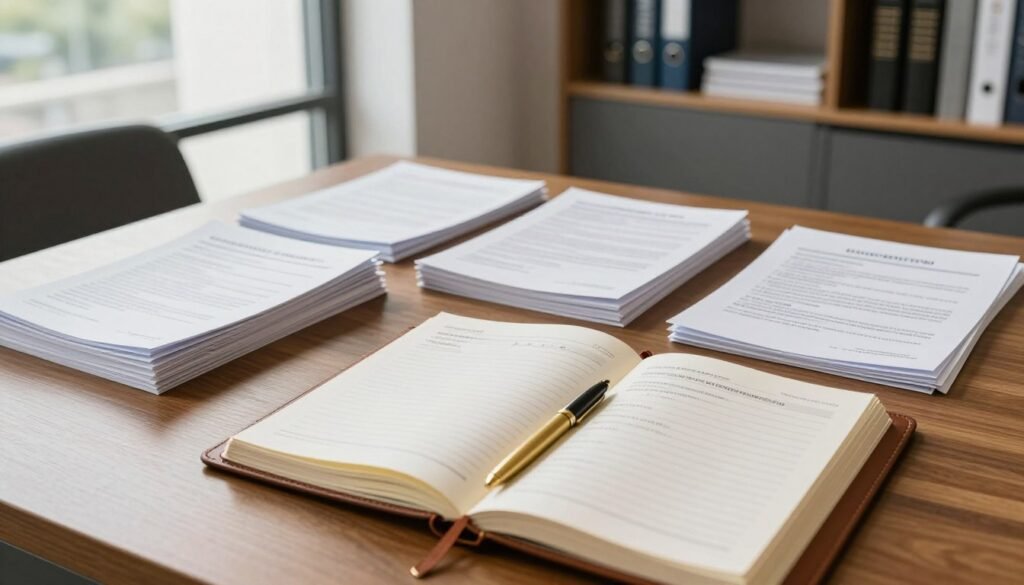 A professional office environment showcasing essential commerce registry information. In the foreground, a polished wooden desk displays an open leather-bound ledger filled with neatly written entries. Beside it, a classic brass pen adds a touch of elegance. The middle layer features organized stacks of official documents and brochures outlining registration processes, all presented in a soft, warm light. To the background, a modern office layout is visible with shelves containing business books and a large window allowing natural light to fill the space, creating a bright ambiance. Capture a sense of professionalism and clarity, evoking an atmosphere of trust and efficiency in the world of business registration. Use a slightly elevated angle to highlight the desk and documents while ensuring a clean, unobtrusive backdrop. A professional office environment showcasing essential commerce registry information. In the foreground, a polished wooden desk displays an open leather-bound ledger filled with neatly written entries. Beside it, a classic brass pen adds a touch of elegance. The middle layer features organized stacks of official documents and brochures outlining registration processes, all presented in a soft, warm light. To the background, a modern office layout is visible with shelves containing business books and a large window allowing natural light to fill the space, creating a bright ambiance. Capture a sense of professionalism and clarity, evoking an atmosphere of trust and efficiency in the world of business registration. Use a slightly elevated angle to highlight the desk and documents while ensuring a clean, unobtrusive backdrop.