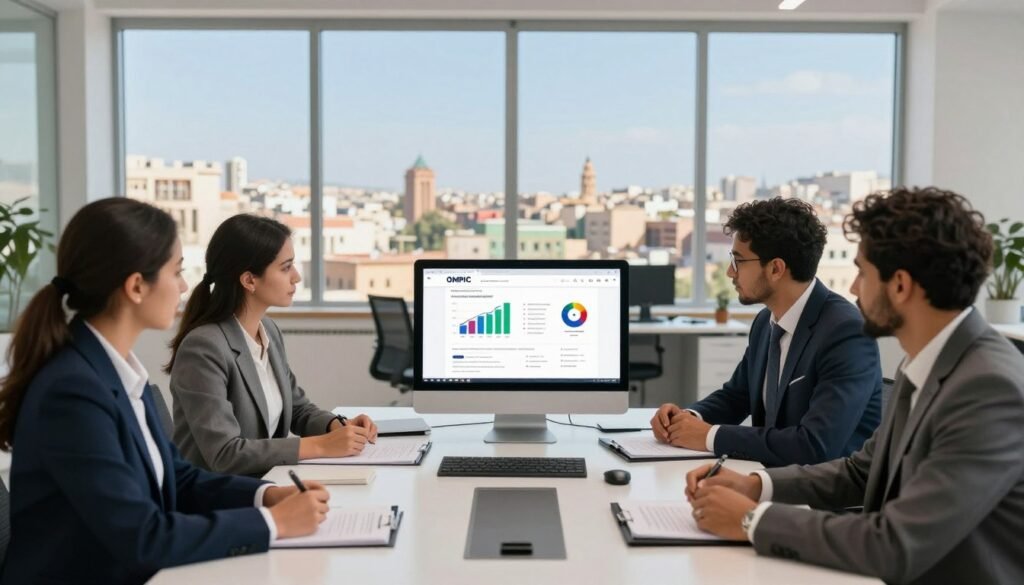 A professional office environment showcasing the registration process for patents and trademarks in Morocco. In the foreground, a diverse group of business professionals, dressed in formal attire, discuss documents on a sleek conference table. In the middle, a modern computer displaying the OMPIC website with colorful graphs and charts related to industrial property rights. The background features a spacious, well-lit office with large windows that reveal a panoramic view of a bustling Moroccan city, under a bright blue sky. Soft, natural lighting creates an inviting atmosphere. The composition emphasizes collaboration and innovation, highlighting the significance of intellectual property protection in a contemporary setting. A professional office environment showcasing the registration process for patents and trademarks in Morocco. In the foreground, a diverse group of business professionals, dressed in formal attire, discuss documents on a sleek conference table. In the middle, a modern computer displaying the OMPIC website with colorful graphs and charts related to industrial property rights. The background features a spacious, well-lit office with large windows that reveal a panoramic view of a bustling Moroccan city, under a bright blue sky. Soft, natural lighting creates an inviting atmosphere. The composition emphasizes collaboration and innovation, highlighting the significance of intellectual property protection in a contemporary setting.