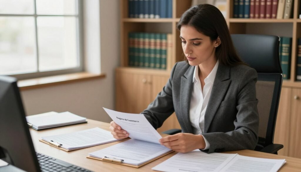 A professional office setting depicting a businesswoman in a smart business suit seated at a desk, reviewing documents related to business registration. On the desk, there are intricate papers and folders showcasing various aspects of the "Registre de Commerce." In the background, a large window allows natural light to stream in, illuminating the room with a warm, focused glow. Shelves filled with legal books and business guides create a scholarly atmosphere. The composition should emphasize clarity and order, representing the seriousness of business registration in Morocco. Capture this scene from a slightly elevated angle to provide depth, creating an inviting yet professional ambiance. No text or distractions should be present in the image. A professional office setting depicting a businesswoman in a smart business suit seated at a desk, reviewing documents related to business registration. On the desk, there are intricate papers and folders showcasing various aspects of the "Registre de Commerce." In the background, a large window allows natural light to stream in, illuminating the room with a warm, focused glow. Shelves filled with legal books and business guides create a scholarly atmosphere. The composition should emphasize clarity and order, representing the seriousness of business registration in Morocco. Capture this scene from a slightly elevated angle to provide depth, creating an inviting yet professional ambiance. No text or distractions should be present in the image.