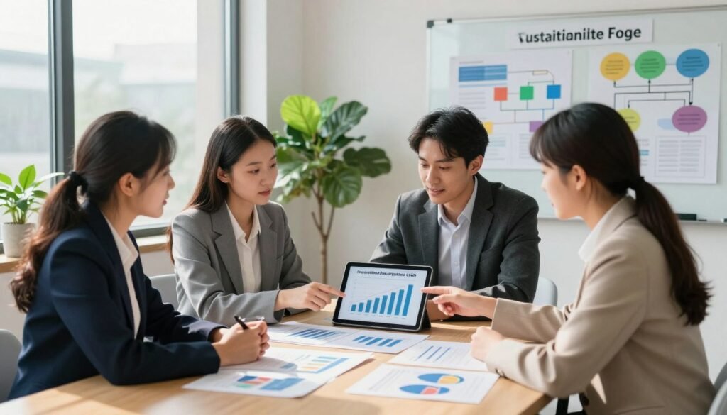 A professional office setting designed for sustainability reporting, featuring an elegant conference table with assorted documents and charts on compliance with the CSRD directive. In the foreground, a diverse group of three individuals in business attire—two women and one man—engaged in a focused discussion, pointing at graphs on a tablet and sharing insights. The middle ground showcases a large window with natural light streaming in, casting soft shadows that enhance the modern decor, including potted green plants symbolizing sustainability. In the background, a whiteboard filled with colorful diagrams and flowcharts about sustainability compliance. The atmosphere is collaborative and positive, emphasizing the importance of practical advice for compliance in a corporate environment. The lighting is bright yet warm, creating an inviting sense of purpose. A professional office setting designed for sustainability reporting, featuring an elegant conference table with assorted documents and charts on compliance with the CSRD directive. In the foreground, a diverse group of three individuals in business attire—two women and one man—engaged in a focused discussion, pointing at graphs on a tablet and sharing insights. The middle ground showcases a large window with natural light streaming in, casting soft shadows that enhance the modern decor, including potted green plants symbolizing sustainability. In the background, a whiteboard filled with colorful diagrams and flowcharts about sustainability compliance. The atmosphere is collaborative and positive, emphasizing the importance of practical advice for compliance in a corporate environment. The lighting is bright yet warm, creating an inviting sense of purpose.