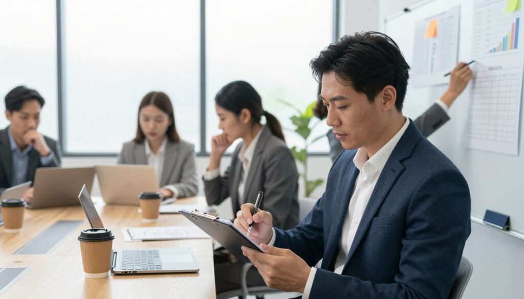 A professional office setting featuring a diverse group of individuals engaged in a self-assessment session. In the foreground, a man in a sharp suit is thoughtfully analyzing his strengths and values on a notepad, while a woman in business attire writes on a whiteboard filled with charts and goals. The middle ground shows a cozy conference table with laptops and coffee cups, emphasizing collaboration. The background has large windows letting in soft, natural light, giving a sense of openness and clarity. The mood is focused and motivational, reflecting determination and professional growth, with a clean, modern aesthetic. A professional office setting featuring a diverse group of individuals engaged in a self-assessment session. In the foreground, a man in a sharp suit is thoughtfully analyzing his strengths and values on a notepad, while a woman in business attire writes on a whiteboard filled with charts and goals. The middle ground shows a cozy conference table with laptops and coffee cups, emphasizing collaboration. The background has large windows letting in soft, natural light, giving a sense of openness and clarity. The mood is focused and motivational, reflecting determination and professional growth, with a clean, modern aesthetic.