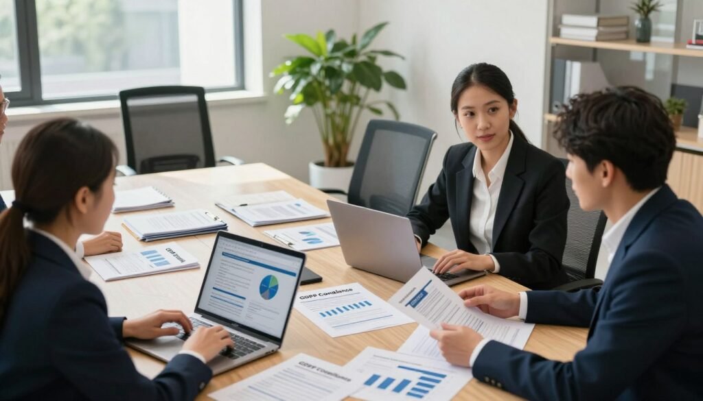 A professional office setting illustrating GDPR documentation in action. In the foreground, a diverse group of three business professionals, one man and two women, are engaged in a collaborative discussion. They are dressed in smart business attire and surrounded by laptops, charts, and printed documents that showcase key GDPR elements. The middle ground features a large conference table lined with folders labeled 'GDPR Compliance', with a potted plant adding a touch of greenery. In the background, large windows bathe the space in natural light, casting soft shadows and creating a warm, inviting atmosphere. The environment conveys diligence and teamwork, focusing on practical implementation of GDPR documentation. The camera angle is slightly elevated, giving a broad view of the collaborative scene. A professional office setting illustrating GDPR documentation in action. In the foreground, a diverse group of three business professionals, one man and two women, are engaged in a collaborative discussion. They are dressed in smart business attire and surrounded by laptops, charts, and printed documents that showcase key GDPR elements. The middle ground features a large conference table lined with folders labeled 'GDPR Compliance', with a potted plant adding a touch of greenery. In the background, large windows bathe the space in natural light, casting soft shadows and creating a warm, inviting atmosphere. The environment conveys diligence and teamwork, focusing on practical implementation of GDPR documentation. The camera angle is slightly elevated, giving a broad view of the collaborative scene.