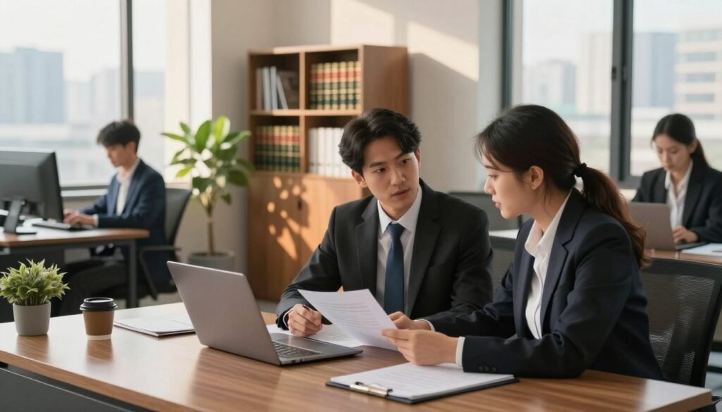 A professional office setting illustrating individual labor relations. In the foreground, a diverse group of two employees—one man and one woman—dressed in smart business attire, engaged in a focused discussion over documents and a laptop at a sleek wooden desk. The middle ground features a well-organized office with modern furnishings, a bookshelf filled with legal books, and a potted plant for a touch of greenery. In the background, a window reveals a cityscape bathed in warm afternoon sunlight, casting soft shadows across the scene. The lighting creates a professional and collaborative atmosphere, suggesting a harmonious work environment. The image captures the essence of individual labor relations, emphasizing dialogue, professionalism, and the importance of rights in the workplace. A professional office setting illustrating individual labor relations. In the foreground, a diverse group of two employees—one man and one woman—dressed in smart business attire, engaged in a focused discussion over documents and a laptop at a sleek wooden desk. The middle ground features a well-organized office with modern furnishings, a bookshelf filled with legal books, and a potted plant for a touch of greenery. In the background, a window reveals a cityscape bathed in warm afternoon sunlight, casting soft shadows across the scene. The lighting creates a professional and collaborative atmosphere, suggesting a harmonious work environment. The image captures the essence of individual labor relations, emphasizing dialogue, professionalism, and the importance of rights in the workplace.
