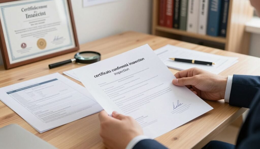 A professional office setting showcasing a close-up of "certificats conformité inspection" documents on a wooden desk. In the foreground, a hand in a business suit is holding one of the certificates, displaying its detailed stamp and signature. The middle ground features a neat arrangement of inspection reports, a magnifying glass, and a pen, symbolizing meticulous review. In the background, a wall-mounted certificate of achievement and a bookshelf filled with industry-related books and standards. The scene is well-lit with natural light streaming through a nearby window, creating a warm and focused atmosphere, highlighting the importance of compliance and professional diligence. The image should be taken from a slightly elevated angle to capture the details effectively. A professional office setting showcasing a close-up of "certificats conformité inspection" documents on a wooden desk. In the foreground, a hand in a business suit is holding one of the certificates, displaying its detailed stamp and signature. The middle ground features a neat arrangement of inspection reports, a magnifying glass, and a pen, symbolizing meticulous review. In the background, a wall-mounted certificate of achievement and a bookshelf filled with industry-related books and standards. The scene is well-lit with natural light streaming through a nearby window, creating a warm and focused atmosphere, highlighting the importance of compliance and professional diligence. The image should be taken from a slightly elevated angle to capture the details effectively.