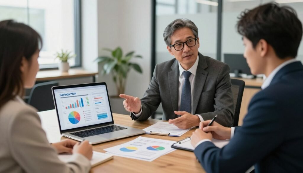 A professional office setting showcasing a detailed overview of a savings plan. In the foreground, focus on a laptop displaying financial graphs and data related to savings plans. Beside it, a set of colorful pie charts and documents laying on a polished wooden desk indicate eligibility criteria. In the middle, a well-dressed professional advisor, a middle-aged man with glasses, gestures towards the laptop screen, explaining the plan to two attentive clients, both in business attire, one a young woman with curly hair and the other a man with a notepad. The background features a modern office with large windows filtering soft natural light, creating an inviting atmosphere. The overall mood is informative and engaging, reflecting professionalism and trust. Use a wide-angle lens for a comprehensive view. A professional office setting showcasing a detailed overview of a savings plan. In the foreground, focus on a laptop displaying financial graphs and data related to savings plans. Beside it, a set of colorful pie charts and documents laying on a polished wooden desk indicate eligibility criteria. In the middle, a well-dressed professional advisor, a middle-aged man with glasses, gestures towards the laptop screen, explaining the plan to two attentive clients, both in business attire, one a young woman with curly hair and the other a man with a notepad. The background features a modern office with large windows filtering soft natural light, creating an inviting atmosphere. The overall mood is informative and engaging, reflecting professionalism and trust. Use a wide-angle lens for a comprehensive view.