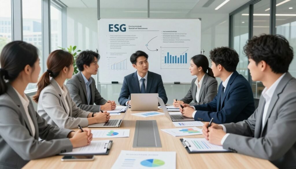 A professional office setting showcasing a diverse group of business professionals, including men and women of various ethnic backgrounds, gathered around a large conference table, engaged in a discussion about ESG (Environmental, Social, and Governance) reporting frameworks. The foreground features detailed documents with graphs and charts illustrating sustainability metrics. In the middle ground, a whiteboard displays key ESG principles and standards, with a focus on collaboration and strategy development. The background includes glass walls that offer a view of a green cityscape, symbolizing sustainability and innovation. Soft, natural lighting streams in through large windows, creating a bright and inspiring atmosphere that emphasizes professionalism and teamwork. The image should convey a sense of urgency and importance regarding ESG compliance and reporting practices. A professional office setting showcasing a diverse group of business professionals, including men and women of various ethnic backgrounds, gathered around a large conference table, engaged in a discussion about ESG (Environmental, Social, and Governance) reporting frameworks. The foreground features detailed documents with graphs and charts illustrating sustainability metrics. In the middle ground, a whiteboard displays key ESG principles and standards, with a focus on collaboration and strategy development. The background includes glass walls that offer a view of a green cityscape, symbolizing sustainability and innovation. Soft, natural lighting streams in through large windows, creating a bright and inspiring atmosphere that emphasizes professionalism and teamwork. The image should convey a sense of urgency and importance regarding ESG compliance and reporting practices.