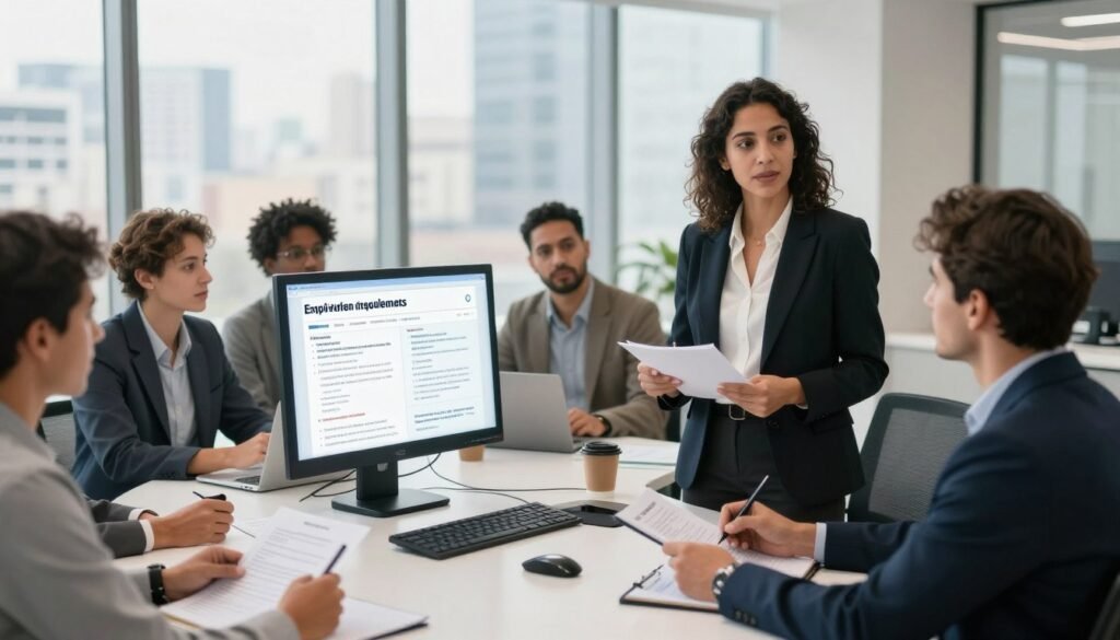 A professional office setting showcasing diverse individuals engaged in discussions about job experience, skills, and requirements. In the foreground, a confident woman in smart business attire presents a digital screen displaying job qualifications and competencies, while a man beside her takes notes, looking engaged. The middle ground features a round table with other professionals, some reviewing resumes and others brainstorming ideas, all dressed in business casual attire. The background shows large windows with a view of a bustling cityscape, emphasizing a modern working environment. Soft, natural lighting filters through the windows, creating an inviting atmosphere. The composition should convey a sense of collaboration and professionalism, making it suitable for an article focus on employment in Morocco. A professional office setting showcasing diverse individuals engaged in discussions about job experience, skills, and requirements. In the foreground, a confident woman in smart business attire presents a digital screen displaying job qualifications and competencies, while a man beside her takes notes, looking engaged. The middle ground features a round table with other professionals, some reviewing resumes and others brainstorming ideas, all dressed in business casual attire. The background shows large windows with a view of a bustling cityscape, emphasizing a modern working environment. Soft, natural lighting filters through the windows, creating an inviting atmosphere. The composition should convey a sense of collaboration and professionalism, making it suitable for an article focus on employment in Morocco.
