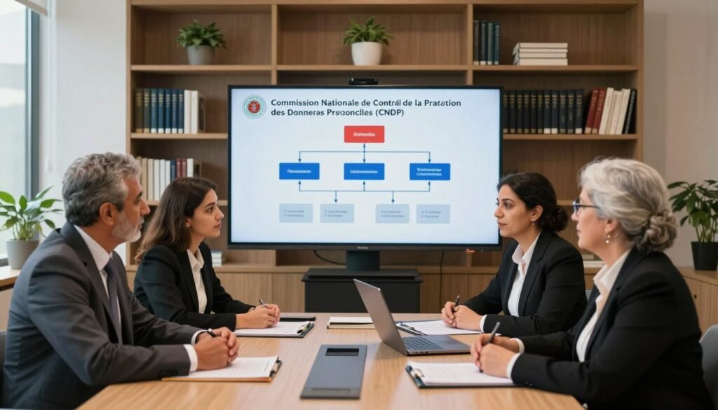 A professional office setting showcasing the composition of the Commission Nationale de Contrôle de la Protection des Données Personnelles (CNDP) in Morocco. In the foreground, three diverse individuals in professional business attire (a middle-aged Moroccan man, a young Moroccan woman, and an older Moroccan woman) are engaged in a discussion around a conference table adorned with documents and a laptop. In the middle, a large screen displays a flowchart of data protection guidelines, enhancing the focus on organizational structure. The background features bookshelves filled with relevant legal texts and decorative plants, giving the space a modern yet formal atmosphere. Soft, natural lighting filters through large windows, creating a warm, inviting environment that emphasizes collaboration and professionalism. The camera is positioned at a slight angle to capture the dynamic interaction and the atmosphere of focus and engagement. A professional office setting showcasing the composition of the Commission Nationale de Contrôle de la Protection des Données Personnelles (CNDP) in Morocco. In the foreground, three diverse individuals in professional business attire (a middle-aged Moroccan man, a young Moroccan woman, and an older Moroccan woman) are engaged in a discussion around a conference table adorned with documents and a laptop. In the middle, a large screen displays a flowchart of data protection guidelines, enhancing the focus on organizational structure. The background features bookshelves filled with relevant legal texts and decorative plants, giving the space a modern yet formal atmosphere. Soft, natural lighting filters through large windows, creating a warm, inviting environment that emphasizes collaboration and professionalism. The camera is positioned at a slight angle to capture the dynamic interaction and the atmosphere of focus and engagement.