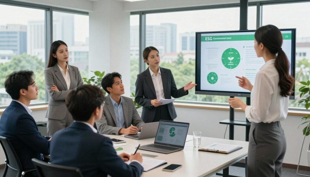 A professional office setting with a diverse group of individuals engaged in a dynamic training session focused on ESG (Environmental, Social, Governance). In the foreground, a woman in business attire is presenting to her colleagues, using a digital screen displaying infographics and charts about sustainable practices. In the middle, a diverse group of men and women, dressed in professional business attire, are actively participating, taking notes, and discussing ideas. The background features a well-lit conference room with large windows letting in natural light, showcasing a green cityscape outside, symbolizing growth and sustainability. The atmosphere is collaborative and energetic, highlighting the importance of education and resources in mastering ESG concepts. A professional office setting with a diverse group of individuals engaged in a dynamic training session focused on ESG (Environmental, Social, Governance). In the foreground, a woman in business attire is presenting to her colleagues, using a digital screen displaying infographics and charts about sustainable practices. In the middle, a diverse group of men and women, dressed in professional business attire, are actively participating, taking notes, and discussing ideas. The background features a well-lit conference room with large windows letting in natural light, showcasing a green cityscape outside, symbolizing growth and sustainability. The atmosphere is collaborative and energetic, highlighting the importance of education and resources in mastering ESG concepts.