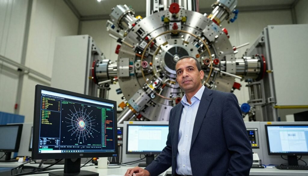 A professional physicist standing confidently at a particle accelerator facility in North America, showcasing their journey in particle physics. In the foreground, the physicist, a middle-aged person of North African descent, dressed in a smart, professional attire, is closely examining a digital display of particle data. The middle ground features advanced scientific equipment, such as large detectors and control panels, emphasizing the high-tech environment. In the background, massive particle collision equipment is visible, bathed in soft, ambient lighting that reflects the seriousness of scientific inquiry. The atmosphere conveys a sense of innovation and determination, capturing the essence of a dynamic career in physics. The composition is shot from a low angle to emphasize the scale of the facility and the importance of the research. A professional physicist standing confidently at a particle accelerator facility in North America, showcasing their journey in particle physics. In the foreground, the physicist, a middle-aged person of North African descent, dressed in a smart, professional attire, is closely examining a digital display of particle data. The middle ground features advanced scientific equipment, such as large detectors and control panels, emphasizing the high-tech environment. In the background, massive particle collision equipment is visible, bathed in soft, ambient lighting that reflects the seriousness of scientific inquiry. The atmosphere conveys a sense of innovation and determination, capturing the essence of a dynamic career in physics. The composition is shot from a low angle to emphasize the scale of the facility and the importance of the research.
