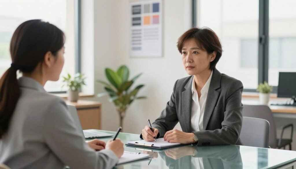 A professional recruitment interview scene in a modern office setting. In the foreground, a confident job candidate dressed in a tailored suit sits across a sleek glass table from an attentive recruiter in business attire, both engaged in discussion. The recruiter, a middle-aged woman with short hair, holds a notepad and pen, symbolizing note-taking and focus. In the middle ground, a soft-focus backdrop reveals a bright, airy office with potted plants and motivational posters on the wall. Natural light flows through large windows, creating a warm and inviting atmosphere. The angle is slightly tilted to capture the dynamics of the conversation, emphasizing professionalism and engagement. The image evokes a serious yet positive mood, illustrating a pivotal moment in the job interview process. A professional recruitment interview scene in a modern office setting. In the foreground, a confident job candidate dressed in a tailored suit sits across a sleek glass table from an attentive recruiter in business attire, both engaged in discussion. The recruiter, a middle-aged woman with short hair, holds a notepad and pen, symbolizing note-taking and focus. In the middle ground, a soft-focus backdrop reveals a bright, airy office with potted plants and motivational posters on the wall. Natural light flows through large windows, creating a warm and inviting atmosphere. The angle is slightly tilted to capture the dynamics of the conversation, emphasizing professionalism and engagement. The image evokes a serious yet positive mood, illustrating a pivotal moment in the job interview process.