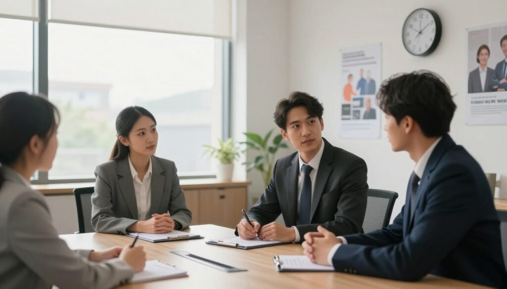A professional setting depicting a job interview scene focused on the trial period of employment. In the foreground, a diverse group of two business professionals, one male and one female, dressed in formal business attire, sit across a sleek conference table, engaged in a discussion about employment terms. The middle ground shows a well-appointed office with a large window allowing soft, natural light to flood the space, creating a warm atmosphere. A digital clock on the wall indicates the time, emphasizing the importance of the trial period. In the background, motivational posters about professional growth and collaboration are subtly displayed. The overall mood conveys a sense of professionalism and collaboration, emphasizing transparency and understanding in employment agreements. The image is bright and inviting, with soft shadows enhancing the depth of the scene. A professional setting depicting a job interview scene focused on the trial period of employment. In the foreground, a diverse group of two business professionals, one male and one female, dressed in formal business attire, sit across a sleek conference table, engaged in a discussion about employment terms. The middle ground shows a well-appointed office with a large window allowing soft, natural light to flood the space, creating a warm atmosphere. A digital clock on the wall indicates the time, emphasizing the importance of the trial period. In the background, motivational posters about professional growth and collaboration are subtly displayed. The overall mood conveys a sense of professionalism and collaboration, emphasizing transparency and understanding in employment agreements. The image is bright and inviting, with soft shadows enhancing the depth of the scene.
