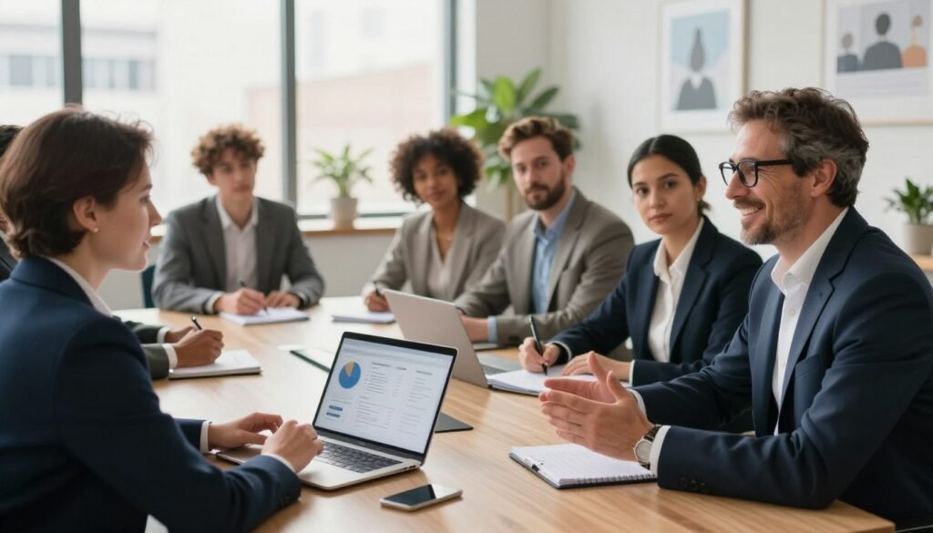 A professional setting depicting a personalized guidance session, showcasing a diverse group of individuals in business attire engaged in a collaborative discussion. In the foreground, an expert consultant, a middle-aged man with glasses and a warm smile, is seated at a sleek conference table, gesturing thoughtfully while presenting digital strategies on a laptop. In the middle ground, a diverse team of young professionals from various ethnic backgrounds, including a woman with curly hair and a man with a neatly trimmed beard, is attentively listening, taking notes. In the background, large windows provide natural light that bathes the room in a warm glow, enhancing an atmosphere of creativity and engagement. The room is modern, with a city view, featuring a few potted plants and motivational artwork on the walls, conveying an inspirational and welcoming mood. A professional setting depicting a personalized guidance session, showcasing a diverse group of individuals in business attire engaged in a collaborative discussion. In the foreground, an expert consultant, a middle-aged man with glasses and a warm smile, is seated at a sleek conference table, gesturing thoughtfully while presenting digital strategies on a laptop. In the middle ground, a diverse team of young professionals from various ethnic backgrounds, including a woman with curly hair and a man with a neatly trimmed beard, is attentively listening, taking notes. In the background, large windows provide natural light that bathes the room in a warm glow, enhancing an atmosphere of creativity and engagement. The room is modern, with a city view, featuring a few potted plants and motivational artwork on the walls, conveying an inspirational and welcoming mood.