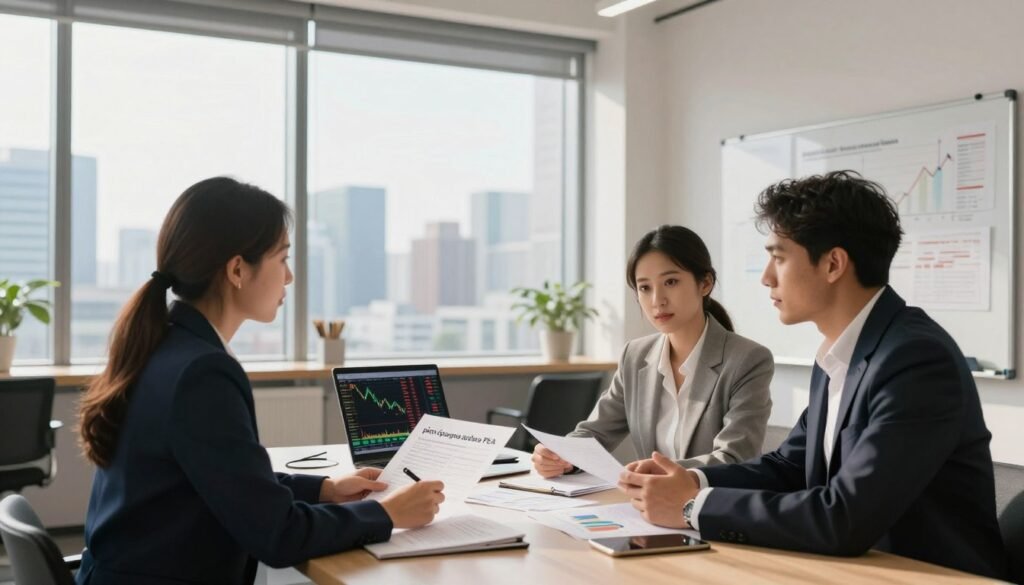 A professional setting depicting an investment strategy meeting focused on "plan épargne actions PEA" (equity savings plan). In the foreground, a diverse group of three people, two men and one woman, dressed in smart business attire, are engaged in a discussion around a table with financial documents, graphs, and a laptop displaying stock market data. The middle layer features a modern office environment with large windows overlooking a city skyline, allowing natural light to illuminate the space. The background includes a whiteboard with financial charts, reinforcing the investment theme. The atmosphere is focused and collaborative, emphasizing strategic thinking and planning in stock market investments. Use bright, warm lighting to create an inviting yet professional mood. A professional setting depicting an investment strategy meeting focused on "plan épargne actions PEA" (equity savings plan). In the foreground, a diverse group of three people, two men and one woman, dressed in smart business attire, are engaged in a discussion around a table with financial documents, graphs, and a laptop displaying stock market data. The middle layer features a modern office environment with large windows overlooking a city skyline, allowing natural light to illuminate the space. The background includes a whiteboard with financial charts, reinforcing the investment theme. The atmosphere is focused and collaborative, emphasizing strategic thinking and planning in stock market investments. Use bright, warm lighting to create an inviting yet professional mood.