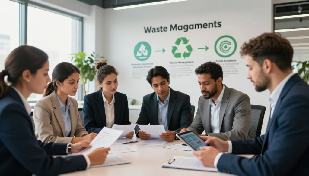A professional setting illustrating waste management regulations in Morocco. In the foreground, a group of diverse professionals in business attire are engaged in a discussion, reviewing documents and a digital tablet. The middle ground features a large, labeled infographic about waste management legislation, with icons representing recycling, waste reduction, and sustainability practices. The background shows a sleek, modern office environment with large windows letting in natural light and plants for an eco-friendly atmosphere. The scene is well-lit, emphasizing collaboration and innovation. Capture a sense of optimism and professionalism through warm lighting and clear details, highlighting the importance of regulatory frameworks in the context of circular economy initiatives in Morocco. A professional setting illustrating waste management regulations in Morocco. In the foreground, a group of diverse professionals in business attire are engaged in a discussion, reviewing documents and a digital tablet. The middle ground features a large, labeled infographic about waste management legislation, with icons representing recycling, waste reduction, and sustainability practices. The background shows a sleek, modern office environment with large windows letting in natural light and plants for an eco-friendly atmosphere. The scene is well-lit, emphasizing collaboration and innovation. Capture a sense of optimism and professionalism through warm lighting and clear details, highlighting the importance of regulatory frameworks in the context of circular economy initiatives in Morocco.