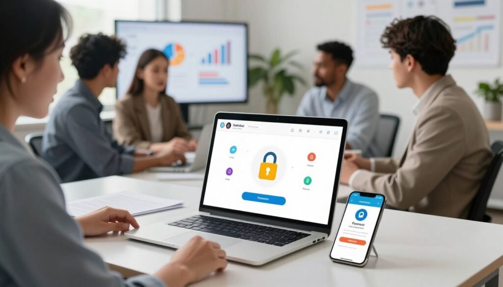 A professional setting showcasing a secure online payment solution. In the foreground, a modern laptop displaying a user-friendly payment interface, featuring vibrant icons and secured padlock symbols, sits on a sleek desk. Beside it, a smartphone with a payment app open, demonstrating the ease of mobile transactions. In the middle background, a diverse group of individuals in smart casual attire engages in a collaborative discussion about online selling strategies, with charts and graphs visible on a nearby screen. Soft, natural lighting illuminates the scene, creating a welcoming atmosphere. The mood is focused and aspirational, reflecting innovation and trust in digital transactions. The background features elements of a modern office, including plants and subtle branding, enhancing the professional setting. A professional setting showcasing a secure online payment solution. In the foreground, a modern laptop displaying a user-friendly payment interface, featuring vibrant icons and secured padlock symbols, sits on a sleek desk. Beside it, a smartphone with a payment app open, demonstrating the ease of mobile transactions. In the middle background, a diverse group of individuals in smart casual attire engages in a collaborative discussion about online selling strategies, with charts and graphs visible on a nearby screen. Soft, natural lighting illuminates the scene, creating a welcoming atmosphere. The mood is focused and aspirational, reflecting innovation and trust in digital transactions. The background features elements of a modern office, including plants and subtle branding, enhancing the professional setting.