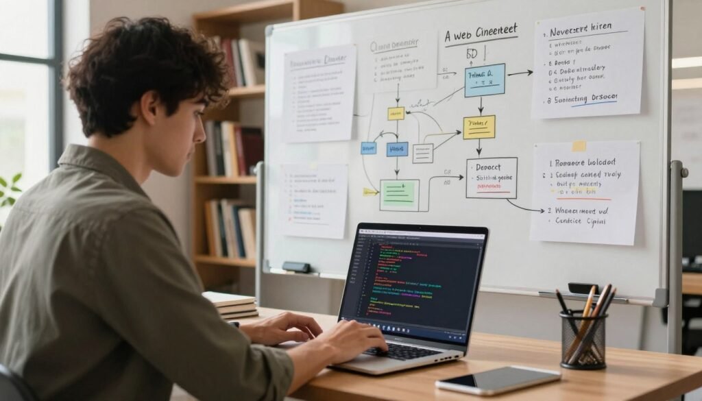 A professional web developer in a modern office setting, showcasing key competencies and tasks. In the foreground, a focused individual in smart casual attire, working on a laptop, with various web development tools and code snippets visible on the screen. In the middle ground, a large whiteboard filled with brainstorming notes, flowcharts, and diagrams that represent web design principles and coding languages like HTML, CSS, and JavaScript. The background features bookshelves filled with tech books and a bright window allowing natural light to illuminate the space. The atmosphere is collaborative and innovative, evoking a sense of productivity and creativity. Soft, warm lighting enhances the inviting mood, captured from a slight angle to provide depth. A professional web developer in a modern office setting, showcasing key competencies and tasks. In the foreground, a focused individual in smart casual attire, working on a laptop, with various web development tools and code snippets visible on the screen. In the middle ground, a large whiteboard filled with brainstorming notes, flowcharts, and diagrams that represent web design principles and coding languages like HTML, CSS, and JavaScript. The background features bookshelves filled with tech books and a bright window allowing natural light to illuminate the space. The atmosphere is collaborative and innovative, evoking a sense of productivity and creativity. Soft, warm lighting enhances the inviting mood, captured from a slight angle to provide depth.