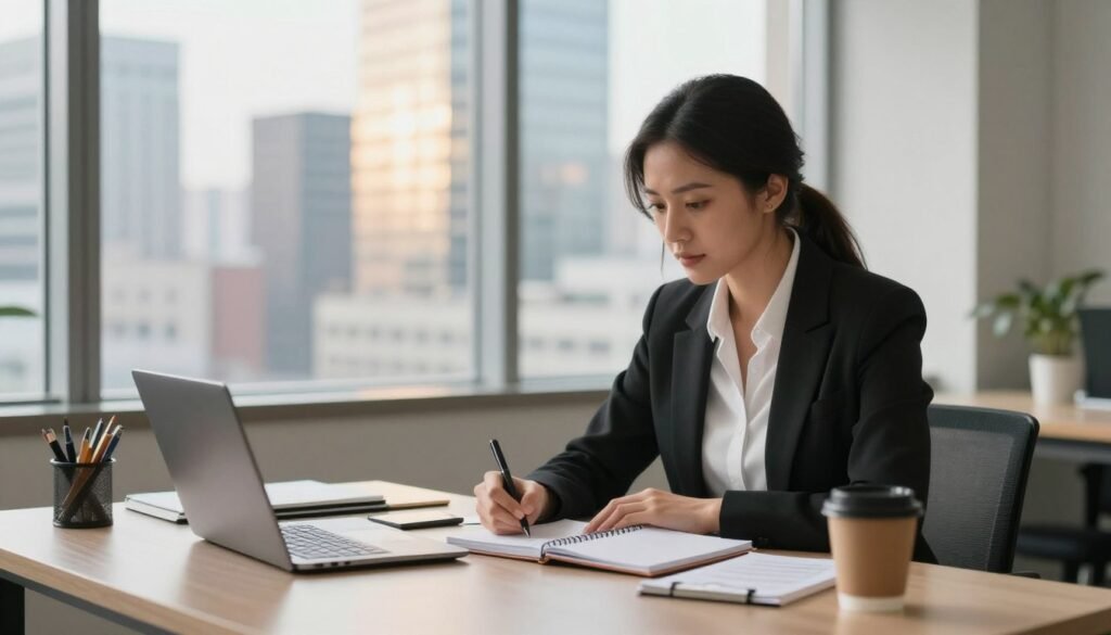 A professional woman in business attire, thoughtfully reviewing a career development strategy. In the foreground, she is seated at a modern desk cluttered with notebooks, a laptop, and a cup of coffee, looking focused. The middle ground features a large window showcasing a cityscape in the background, with skyscrapers reflecting the sunlight. Soft, natural lighting fills the room, creating a warm and inviting atmosphere. The mood is one of determination and strategic thinking, emphasizing the importance of career planning. The scene captures a moment of inspiration as she writes on a planner, surrounded by tools for success, highlighting the theme of effective career evolution strategies. A professional woman in business attire, thoughtfully reviewing a career development strategy. In the foreground, she is seated at a modern desk cluttered with notebooks, a laptop, and a cup of coffee, looking focused. The middle ground features a large window showcasing a cityscape in the background, with skyscrapers reflecting the sunlight. Soft, natural lighting fills the room, creating a warm and inviting atmosphere. The mood is one of determination and strategic thinking, emphasizing the importance of career planning. The scene captures a moment of inspiration as she writes on a planner, surrounded by tools for success, highlighting the theme of effective career evolution strategies.