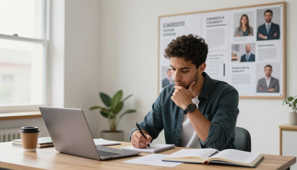A professional workspace depicting a young Moroccan individual engaged in self-assessment for their career project. In the foreground, a table cluttered with a laptop, notebooks, and a coffee cup, showing the person deep in thought while taking notes. The middle ground features a wall adorned with inspirational quotes and a vision board filled with career aspirations and images of professionals in various fields. The background shows a large window with soft, natural light pouring in, brightening the room. The overall atmosphere is focused and motivating, conveying a sense of determination and clarity. The individual is dressed in smart casual attire, embodying professionalism and readiness for their career journey. A professional workspace depicting a young Moroccan individual engaged in self-assessment for their career project. In the foreground, a table cluttered with a laptop, notebooks, and a coffee cup, showing the person deep in thought while taking notes. The middle ground features a wall adorned with inspirational quotes and a vision board filled with career aspirations and images of professionals in various fields. The background shows a large window with soft, natural light pouring in, brightening the room. The overall atmosphere is focused and motivating, conveying a sense of determination and clarity. The individual is dressed in smart casual attire, embodying professionalism and readiness for their career journey.