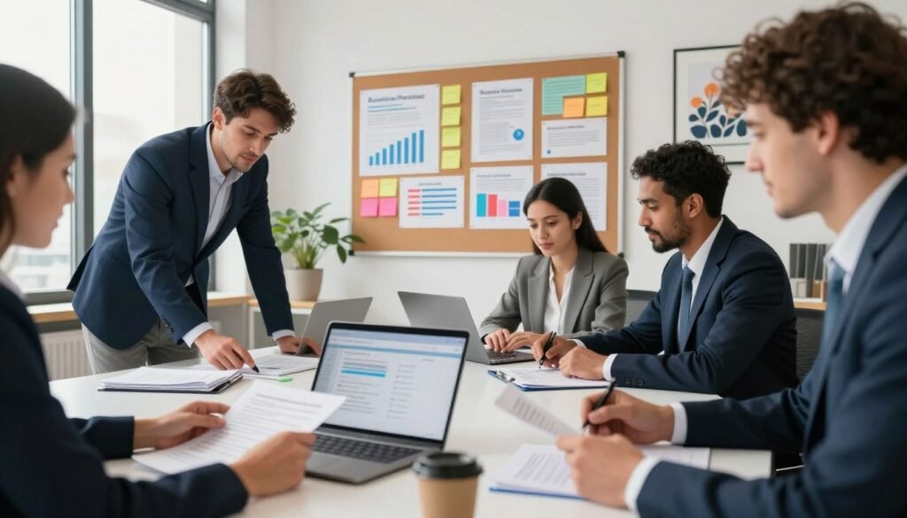 A professional workspace depicting the administrative steps of starting a business, featuring a diverse group of individuals in business attire collaborating over documents and a laptop on a sleek modern desk. The foreground shows hands reviewing paperwork and digital applications with a coffee cup, symbolizing focus and diligence. In the middle, a large bulletin board displays colorful sticky notes and charts outlining various business permits and regulations. The background includes a well-lit office environment with large windows letting in natural light, plants, and motivational artwork on the walls, creating an atmosphere of inspiration and ambition. The overall tone is positive and encouraging, showcasing the proactive spirit of entrepreneurship in Morocco. A professional workspace depicting the administrative steps of starting a business, featuring a diverse group of individuals in business attire collaborating over documents and a laptop on a sleek modern desk. The foreground shows hands reviewing paperwork and digital applications with a coffee cup, symbolizing focus and diligence. In the middle, a large bulletin board displays colorful sticky notes and charts outlining various business permits and regulations. The background includes a well-lit office environment with large windows letting in natural light, plants, and motivational artwork on the walls, creating an atmosphere of inspiration and ambition. The overall tone is positive and encouraging, showcasing the proactive spirit of entrepreneurship in Morocco.