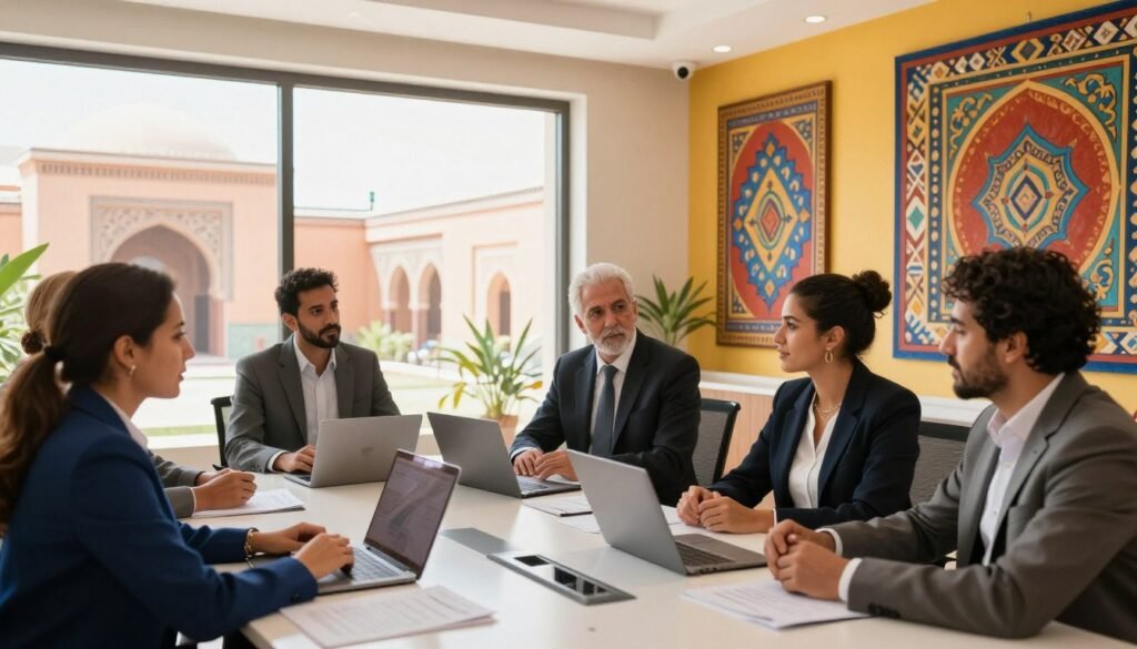 A professional workspace in Morocco showcasing a culture of integrity within an organization. In the foreground, a group of diverse professionals dressed in business attire engage in a discussion around a modern conference table filled with documents and laptops. In the middle ground, large windows flood the room with natural light, revealing a view of traditional Moroccan architecture outside. The background features vibrant walls adorned with artistic representations of Moroccan heritage, symbolizing cultural integrity. The lighting is bright and warm, creating an inviting atmosphere that encourages collaboration and ethical practices. The overall mood is one of focus and determination in fostering a transparent and honest organizational culture. A professional workspace in Morocco showcasing a culture of integrity within an organization. In the foreground, a group of diverse professionals dressed in business attire engage in a discussion around a modern conference table filled with documents and laptops. In the middle ground, large windows flood the room with natural light, revealing a view of traditional Moroccan architecture outside. The background features vibrant walls adorned with artistic representations of Moroccan heritage, symbolizing cultural integrity. The lighting is bright and warm, creating an inviting atmosphere that encourages collaboration and ethical practices. The overall mood is one of focus and determination in fostering a transparent and honest organizational culture.