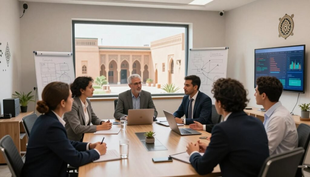 A scene depicting a dynamic business meeting in a modern Moroccan office setting. In the foreground, a diverse group of professionals, dressed in business attire, are engaged in a discussion around a conference table. The middle ground features a large window offering a view of traditional Moroccan architecture, blending past and present. In the background, subtle elements like a whiteboard with strategic plans, a digital screen displaying market data, and decorative Moroccan motifs enhance the cultural context. Soft, natural lighting creates an inviting atmosphere, while a wide-angle perspective captures the energy and collaboration of the team, emphasizing adaptability and strategy specific to the Moroccan market. A scene depicting a dynamic business meeting in a modern Moroccan office setting. In the foreground, a diverse group of professionals, dressed in business attire, are engaged in a discussion around a conference table. The middle ground features a large window offering a view of traditional Moroccan architecture, blending past and present. In the background, subtle elements like a whiteboard with strategic plans, a digital screen displaying market data, and decorative Moroccan motifs enhance the cultural context. Soft, natural lighting creates an inviting atmosphere, while a wide-angle perspective captures the energy and collaboration of the team, emphasizing adaptability and strategy specific to the Moroccan market.